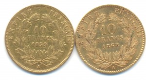 Франция 10 франков 2 штуки (1859, 1868).