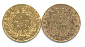 Франция 5 франков 2 штуки (1859, 1860), золото.