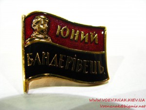 Знак "Юный бандеровец" на фоне флага ОУН, в лаке