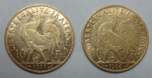 Золото 10 франков Петух 1906 и 1911  год