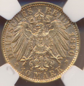 10 марок 1890г.Бавария.-в слабе NGC-AU-55 /