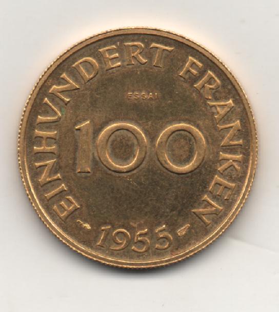 Саарланд 100 франков 1955 золотo RRR тираж 50шт