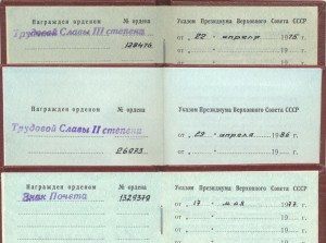 Трудовая Слава 2 и 3 ст. Знак почета на одного на документах