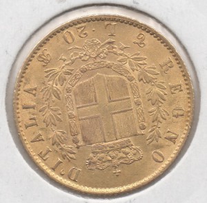 Италия 20 лир Золото 1864 г