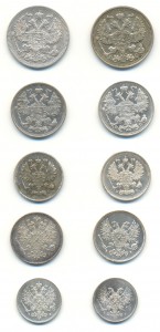 20, 15, 10 копеек, 50, 25 пенни Николай II
