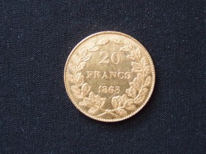 20 франков 1865 г. Бельгия, 6.45 гр, золото.