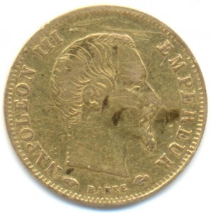Франция 5 франков 1858 года, золото.