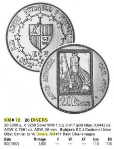 20 динар Андорра. Ag, Au.