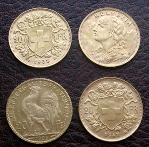 золото -- 20 франков Швейцария и Франция