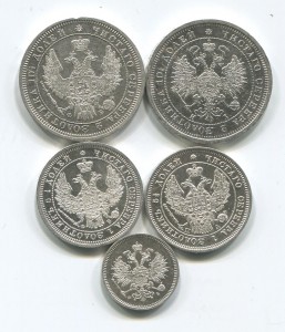 лот серебра 5 монет 10 коп 1859,25 коп 1847 и 1858 и полтины
