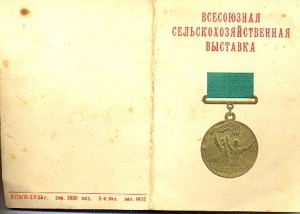 Малая ВСХВ в золоте с документом