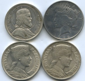 5 лат 1931-32г, 1$ - 1922г, 5 пенго 1938 Венгрия. СЕРЕБРО.