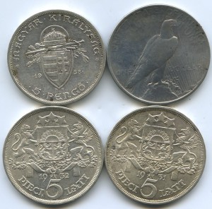 5 лат 1931-32г, 1$ - 1922г, 5 пенго 1938 Венгрия. СЕРЕБРО.