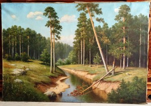 Картина в старинной раме «Лесной пейзаж».