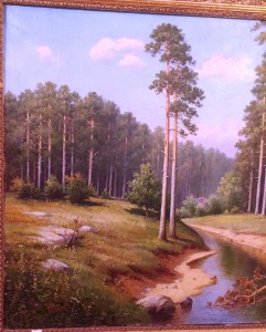 Картина в старинной раме «Лесной пейзаж».