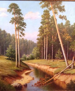 Картина в старинной раме «Лесной пейзаж».