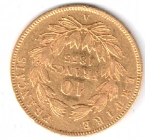10 фр Франции 1855 (3,2 гр 900 пр) Наполеон 3
