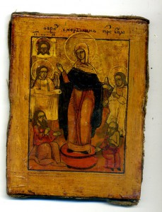 Образ скорбященской БМ (кованный оклад, серебро, 1820)