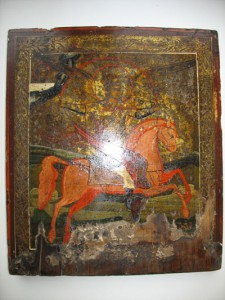 Икона.Архангел Михаил на красном коне.На серебре