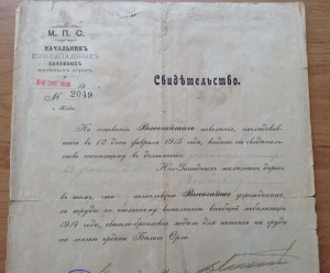 Свидетельство Волосевичу - медаль на ленте Белого Орла