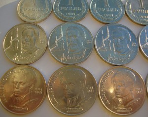 Рубль 1987г-5шт, Чехов-5шт, Лермонтов-5шт