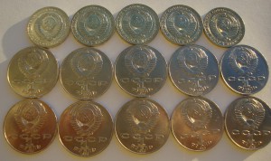 Рубль 1987г-5шт, Чехов-5шт, Лермонтов-5шт