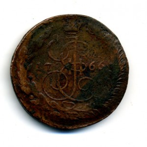 5 копеек 1766 ем перечекан (6 корон видно)