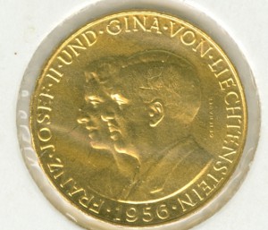 25 франков. Лихтенштейн 1956г. Au 5,66.