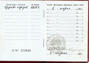 Орден "Дружба Народов". № 22 824.  Документ.