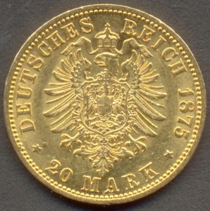 Пруссия 20 марок 1875 года.