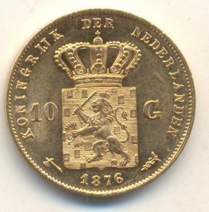 Недерланды 10 гульдонов 1876 год.золото.