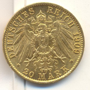20 марок Пруссия 1909 год.золото.