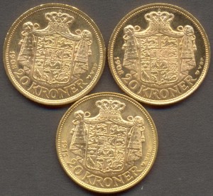Дания 20 крон 3 шт. Золото.