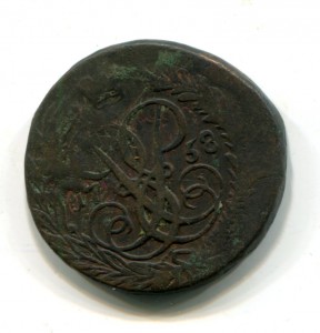 2 копейки 1758 .гурт.надпись.Две копейки сверху