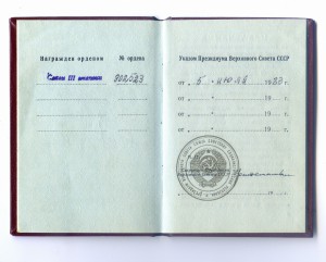 Орден Славы 3 Степени № 802523. С документом. Бормашина.