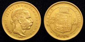 Венгрия 20 франктов - 8 форинтов 1874г.