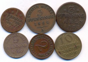 1,2,3,10 пфеннигов 1757,1766,1864,1870,1925,1932 г.г.