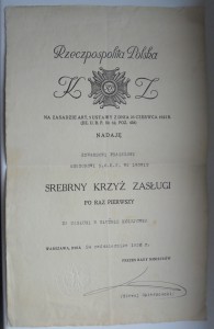 Свидетельство о награжд. Крестом Заслуг 2 степ. Польша.1938г