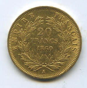 20 франков 1860г. Франция, Император Наполеон III.