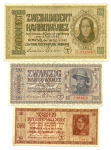 Оккупация Ровно 1942 г.  200, 20, 10, 5, 1 карбованцы (4437)