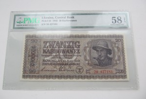 20 карбованцев 1942 год PMG 58
