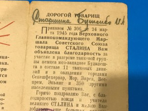 Участнику разгрома танковой групы немцев Юго-зап. Будапешта