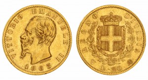 Италия 20 лир 1863 г - золото