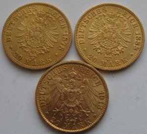 Золото 20марок Пруссия (3шт.)1878,1888,1913гг.