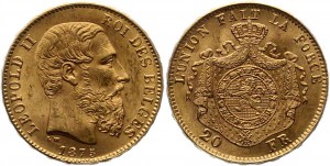 Золото 20 франков Бельгия 1875 год.