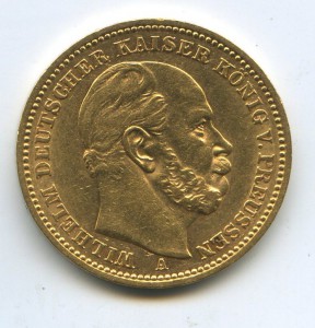 Германия Пруссия 20 марок Вильгельм I 1887 год. Золото.