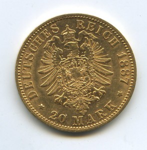 Германия Пруссия 20 марок Вильгельм I 1887 год. Золото.