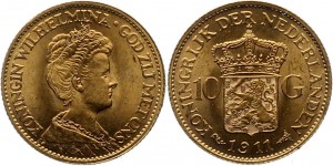 Золото Нидерланды 10 Гульденов 1911 год