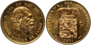 Золото Нидерланды 10 Гульденов 1879 год