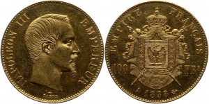 Золото 100 франков 1858 год
